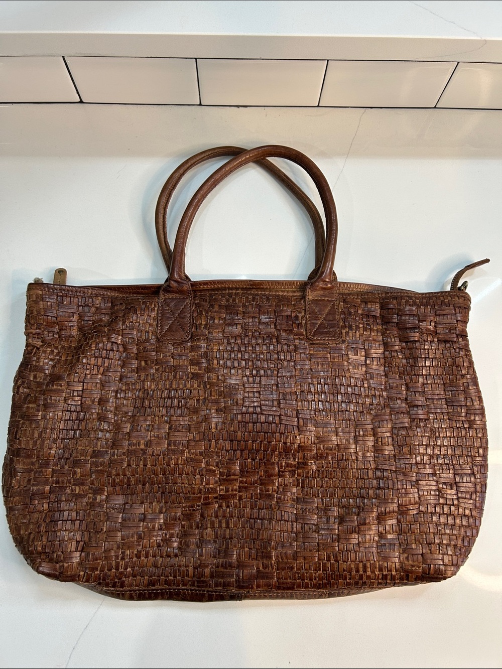 Genuine Woven Leather Brown Zip Top Tote Bag with Crossbody Strap